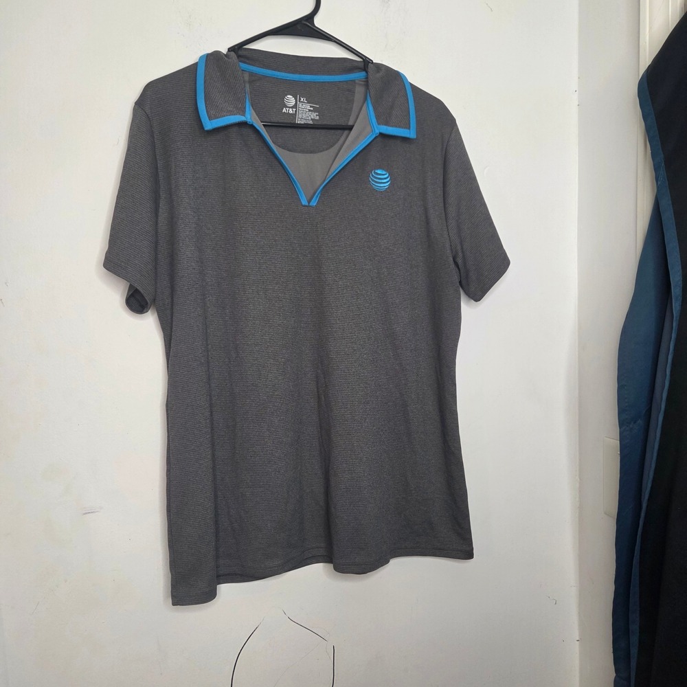 AT&T Mens XL Performance Polo Shirt Gray Blue V-Neck Short Sleeve Logo Corporate